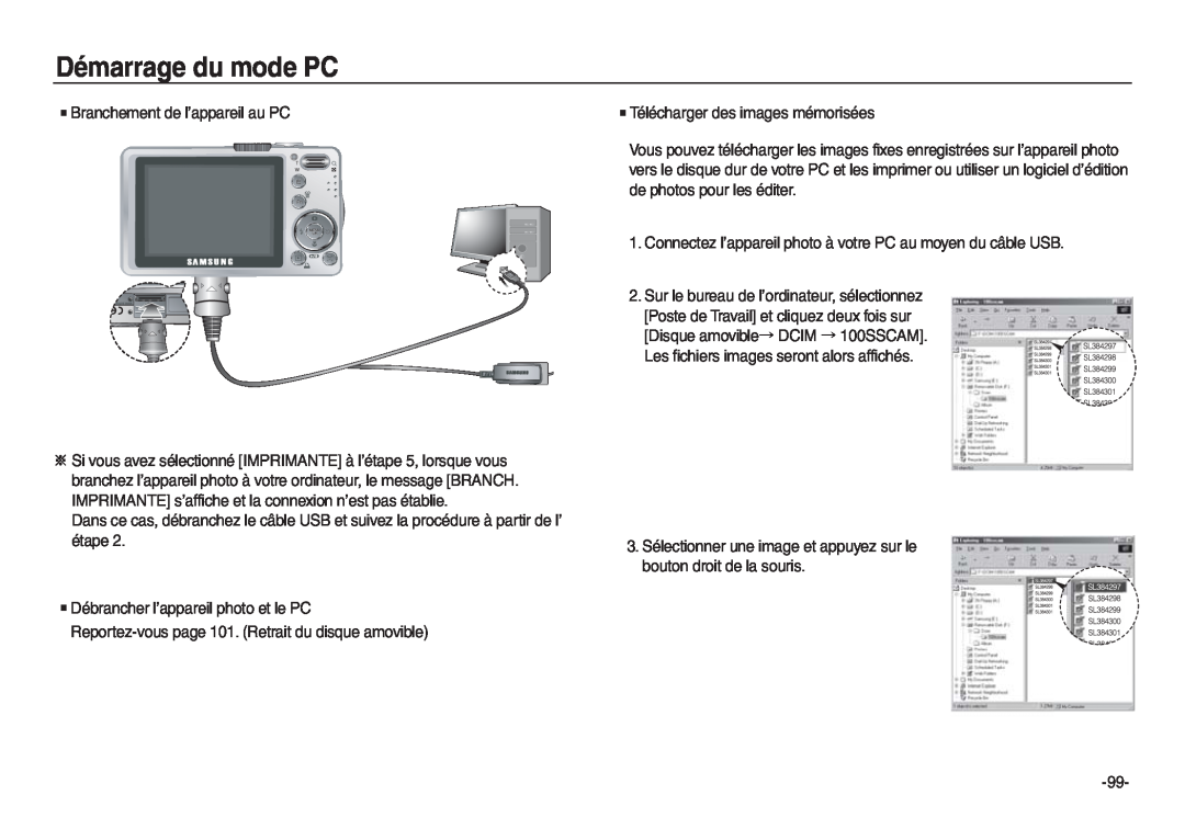 Samsung EC-L730S02KFR, EC-L830ZR01KFR, EC-L830ZBBA/E1, EC-P83ZZSBA/FR Démarrage du mode PC, Branchement de l’appareil au PC 