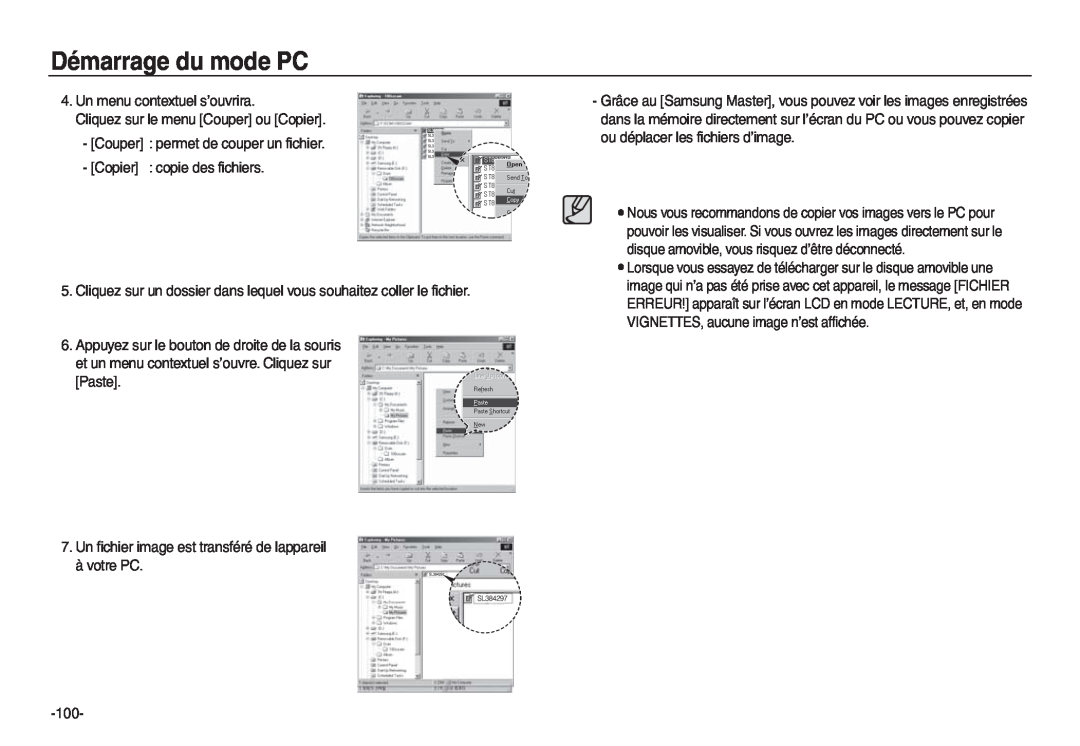 Samsung EC-L730B02KFR manual Démarrage du mode PC, Un menu contextuel s’ouvrira Cliquez sur le menu Couper ou Copier 