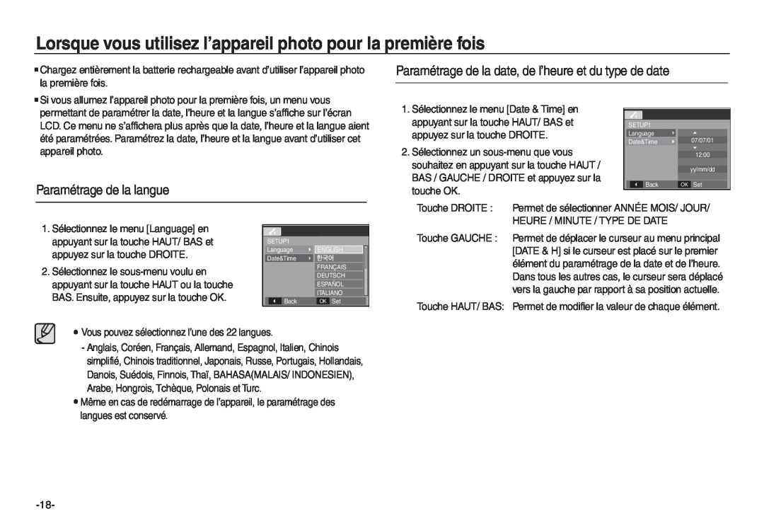 Samsung EC-L730ZSBA/E1 manual Lorsque vous utilisez l’appareil photo pour la première fois, Paramétrage de la langue 