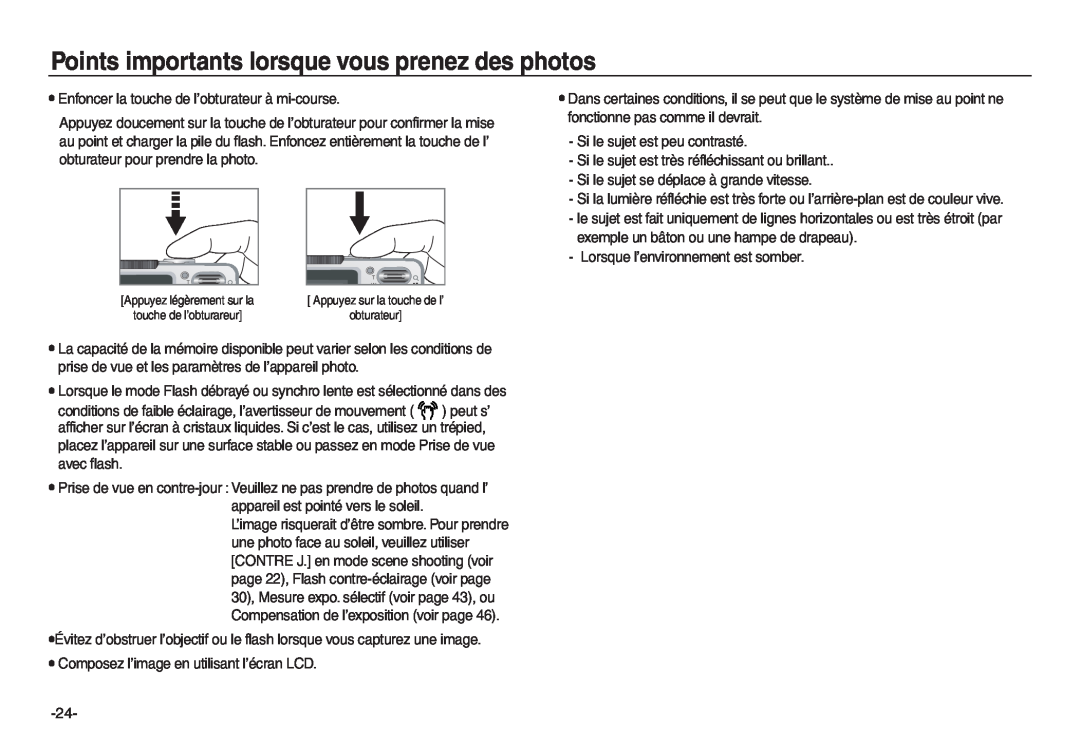 Samsung EC-P83ZZSBA/FR, EC-L830ZR01KFR, EC-L830ZBBA/E1, EC-L830ZRDA/E3 manual Points importants lorsque vous prenez des photos 