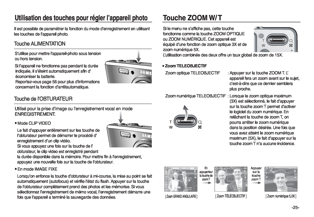 Samsung EC-L830ZRDA/E3 manual Touche ZOOM W/ T, Utilisation des touches pour régler l’appareil photo, Touche ALIMENTATION 