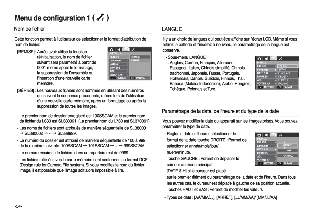 Samsung EC-L730B02KFR manual Nom de fichier, Langue, Paramétrage de la date, de l’heure et du type de la date, huere/minute 