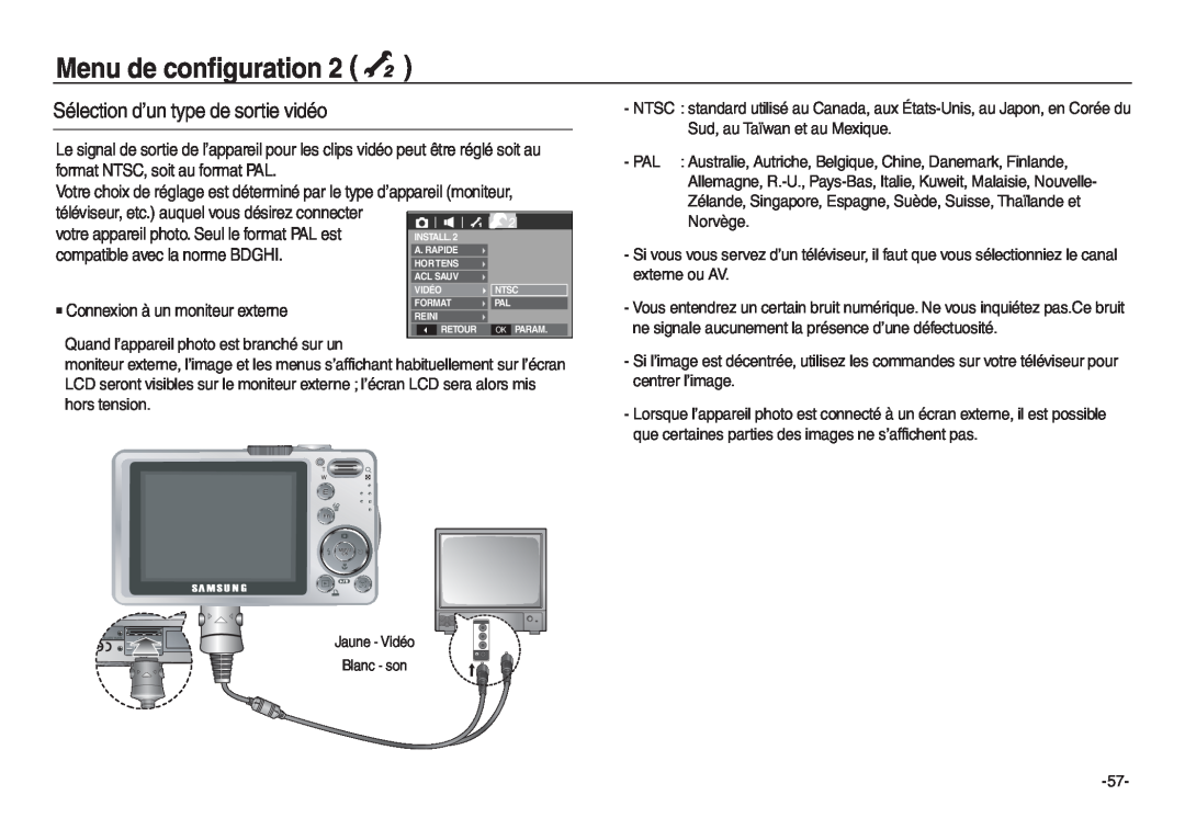 Samsung EC-L730ZRDA/E3 manual Sélection d’un type de sortie vidéo, format NTSC, soit au format PAL, Menu de configuration 