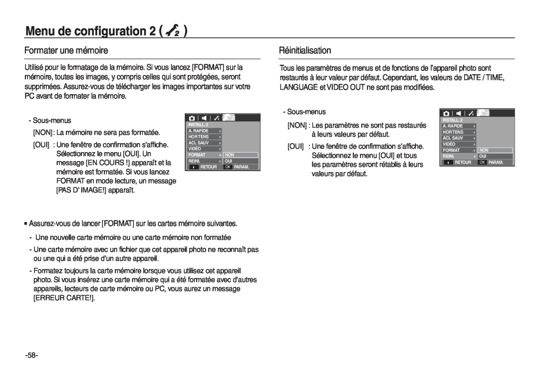 Samsung EC-L730ZRBA/E1, EC-L830ZR01KFR, EC-L830ZBBA/E1 manual Formater une mémoire, Réinitialisation, Menu de configuration 