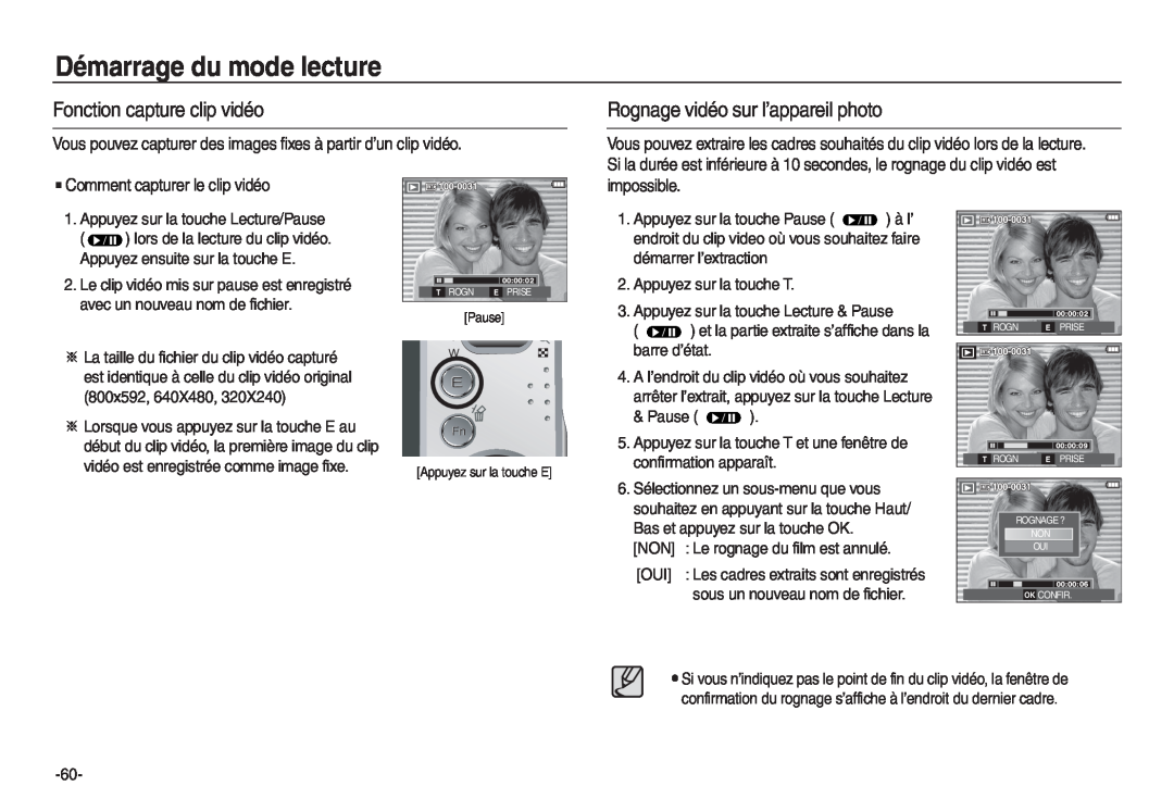 Samsung EC-L830ZRBA/E2 manual Fonction capture clip vidéo, Rognage vidéo sur l’appareil photo, Démarrage du mode lecture 