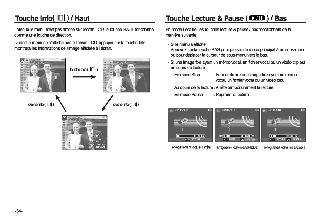 Samsung EC-L730ZSBA/E1 manual Touche Info / Haut, Touche Lecture & Pause / Bas, Permet de lire une image fixe ayant un mémo 