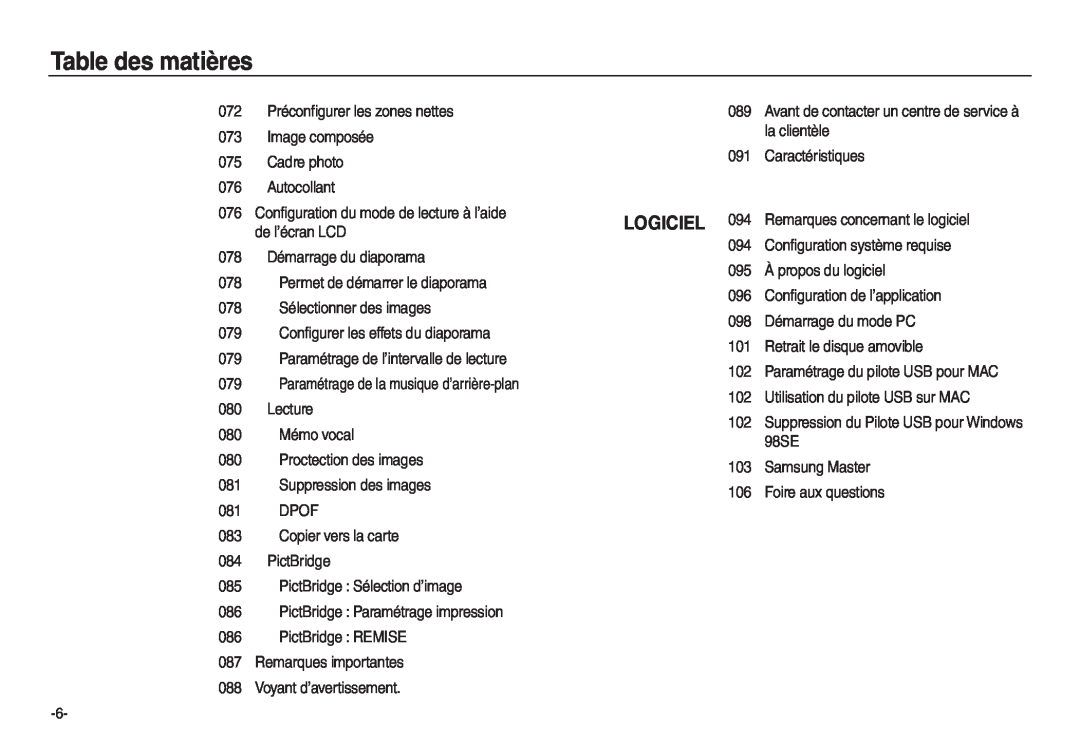 Samsung EC-L730ZBBA/E2 manual Table des matières, 072 Préconfigurer les zones nettes 073 Image composée 075 Cadre photo 