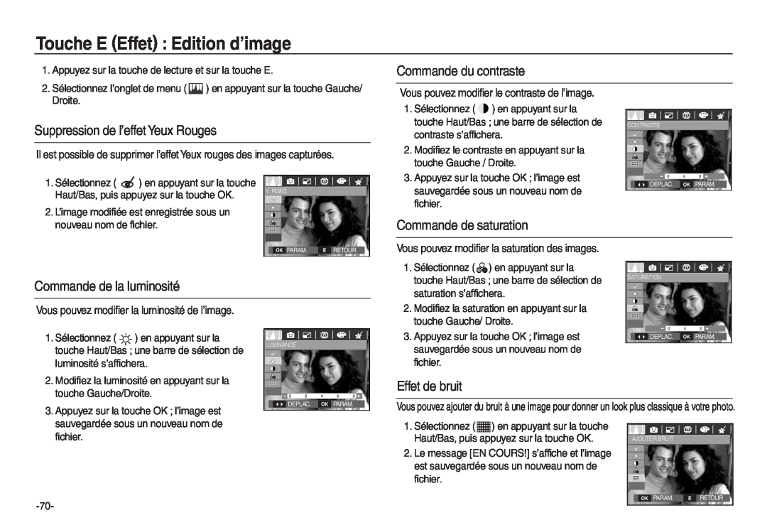 Samsung EC-P83ZZSBA/FR manual Touche E Effet Edition d’image, Commande du contraste, Suppression de l’effet Yeux Rouges 