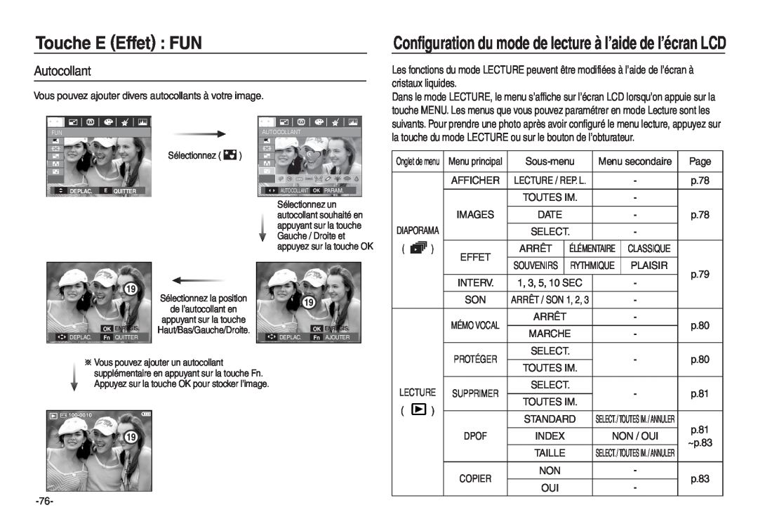 Samsung EC-L730S02KFR manual Autocollant, Configuration du mode de lecture à l’aide de l’écran LCD, Touche E Effet FUN 