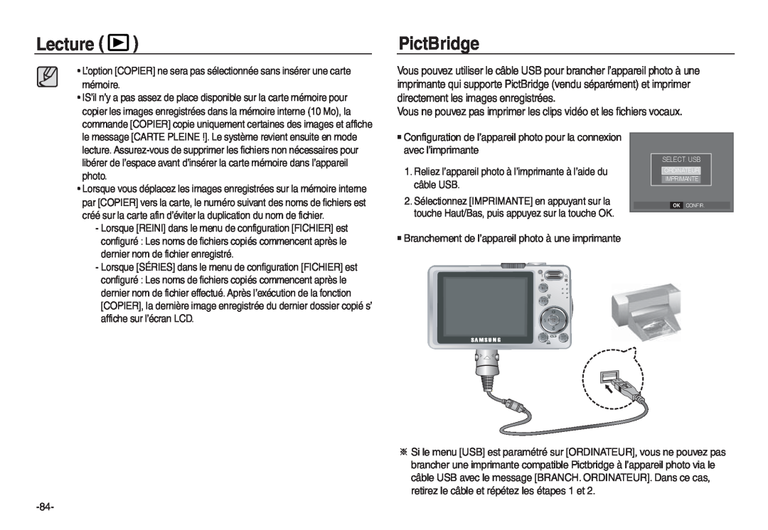 Samsung EC-L730ZBBA/E1 manual PictBridge, Lecture, Vous ne pouvez pas imprimer les clips vidéo et les fichiers vocaux 