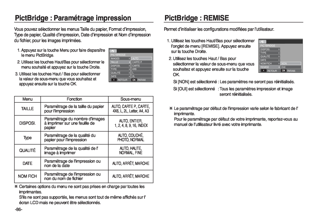 Samsung EC-L730ZSBA/E2 manual PictBridge Paramétrage impression, PictBridge REMISE, du fichier, pour les images imprimées 