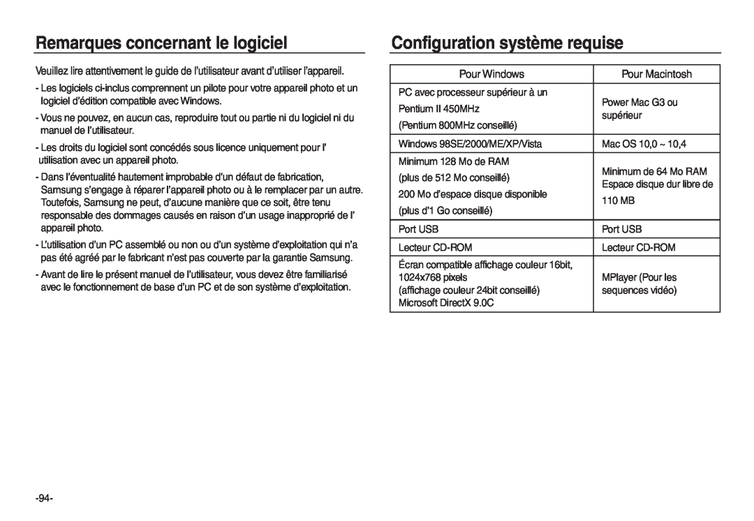 Samsung EC-L830ZRDA/E3 manual Remarques concernant le logiciel, Configuration système requise, Pour Windows, Pour Macintosh 
