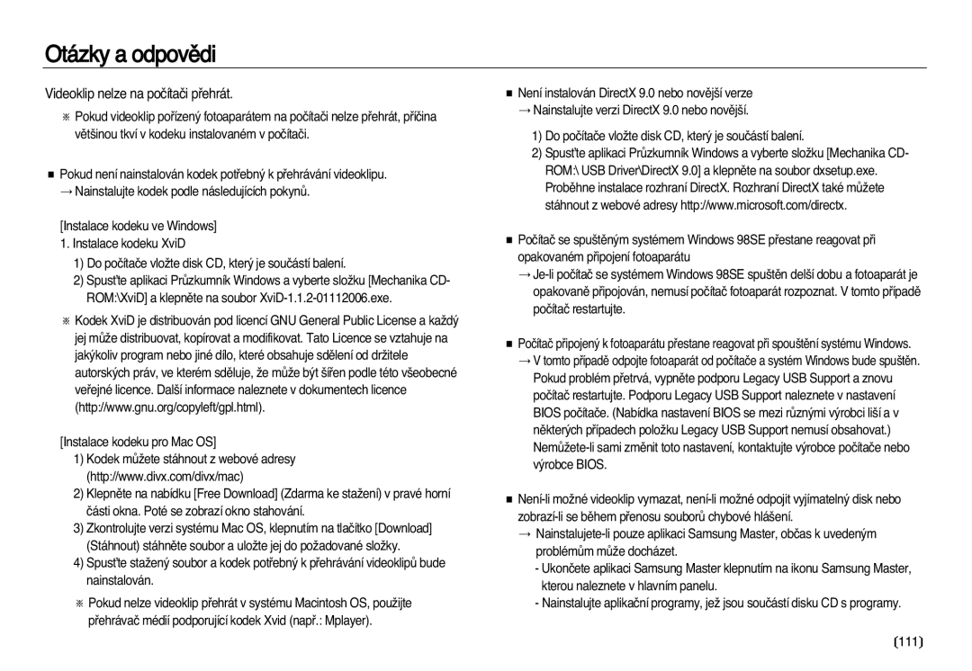 Samsung EC-L83ZZSDA/E3, EC-L83ZZBDA/E3 manual Videoklip nelze na poãítaãi pﬁehrát 