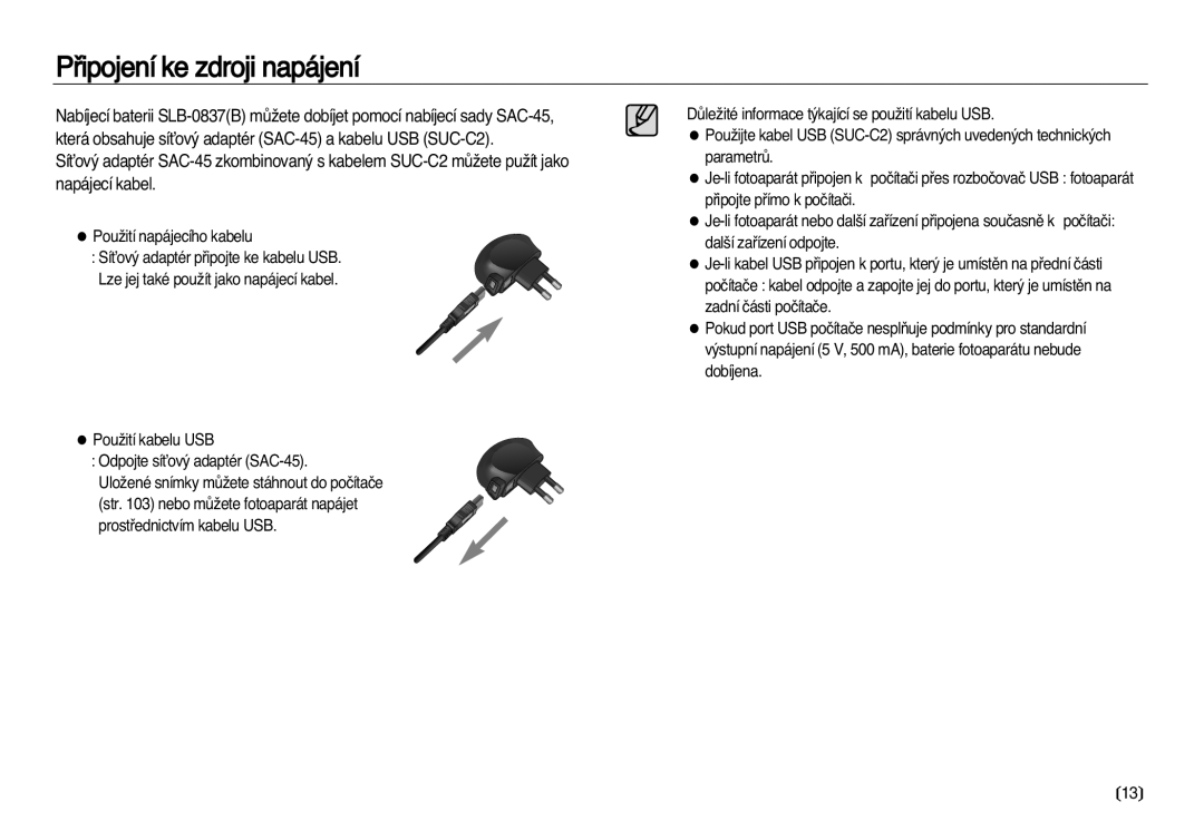 Samsung EC-L83ZZSDA/E3, EC-L83ZZBDA/E3 manual Pﬁipojení ke zdroji napájení 