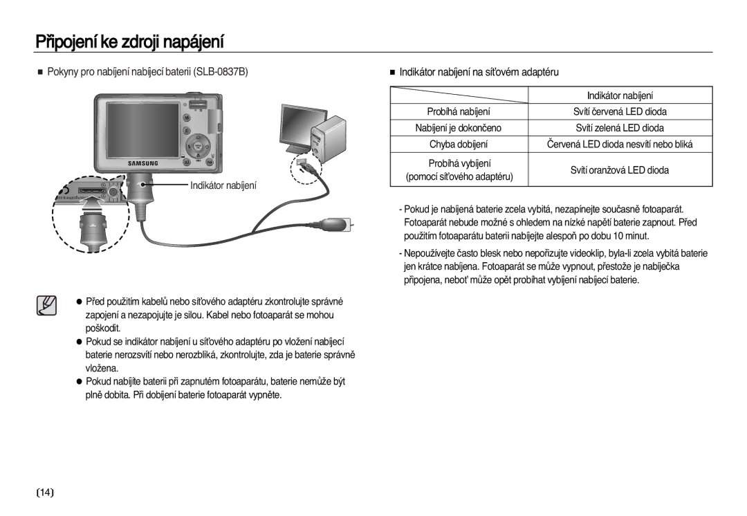 Samsung EC-L83ZZBDA/E3 manual Pokyny pro nabíjení nabíjecí baterii SLB-0837B, Indikátor nabíjení na síÈovém adaptéru 