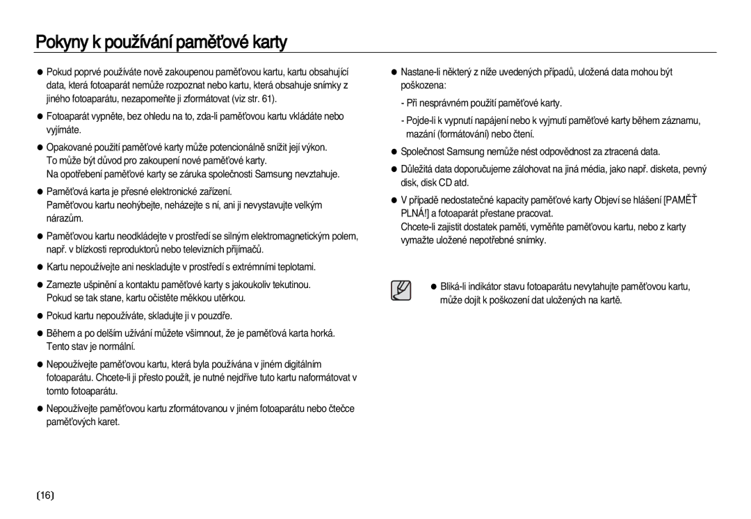 Samsung EC-L83ZZBDA/E3, EC-L83ZZSDA/E3 manual Pokyny k pouÏívání pamûÈové karty 