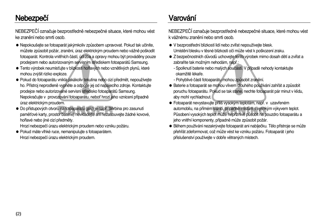 Samsung EC-L83ZZBDA/E3, EC-L83ZZSDA/E3 manual Nebezpeãí, Varování 