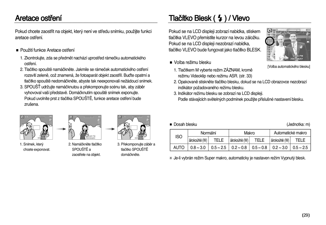 Samsung EC-L83ZZSDA/E3, EC-L83ZZBDA/E3 manual Aretace ostﬁení, Tlaãítko Blesk / Vlevo, Volba reÏimu blesku, Tele 