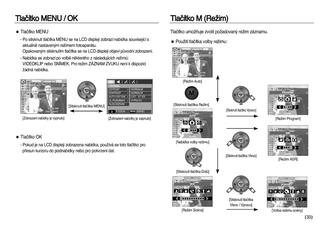 Samsung EC-L83ZZSDA/E3, EC-L83ZZBDA/E3 manual Tlaãítko Menu / OK Tlaãítko M ReÏim, Tlaãítko OK 