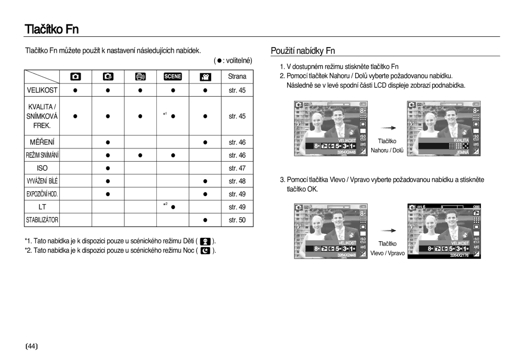 Samsung EC-L83ZZBDA/E3 manual PouÏití nabídky Fn, Tlaãítko Fn mÛÏete pouÏít k nastavení následujících nabídek, Frek 