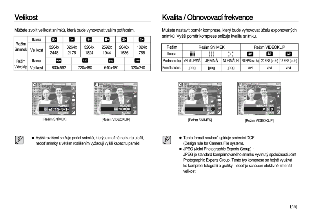 Samsung EC-L83ZZSDA/E3, EC-L83ZZBDA/E3 manual Velikost, Kvalita / Obnovovací frekvence, Jemná 