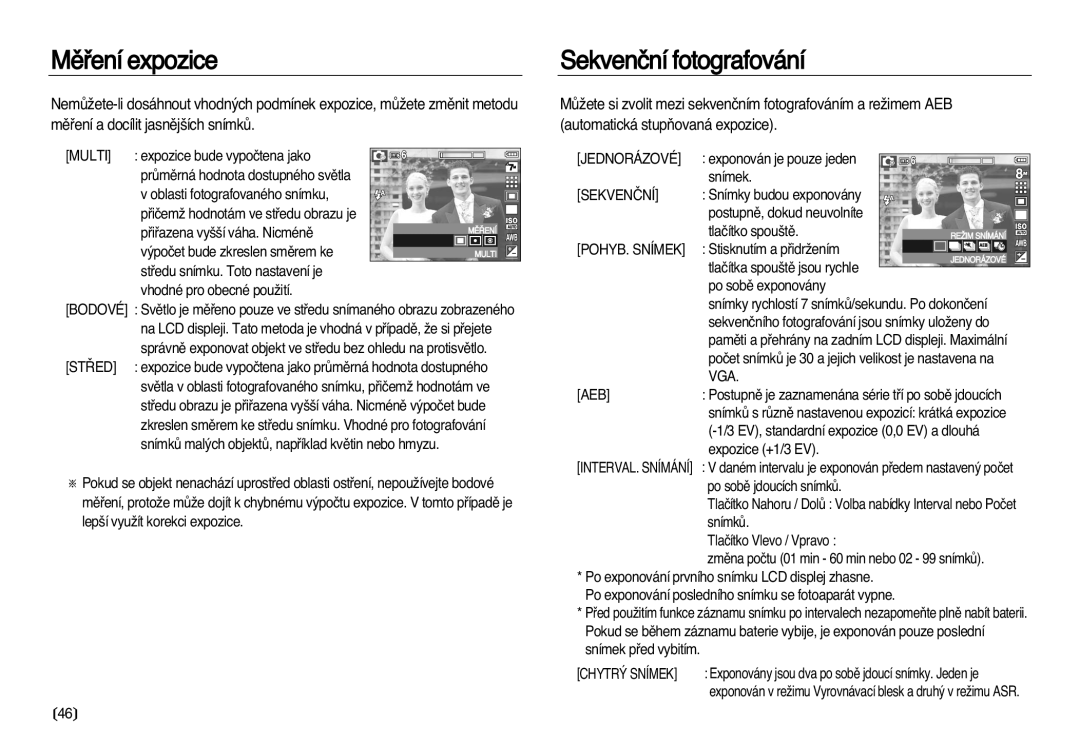 Samsung EC-L83ZZBDA/E3, EC-L83ZZSDA/E3 manual Mûﬁení expozice, Sekvenãní fotografování 