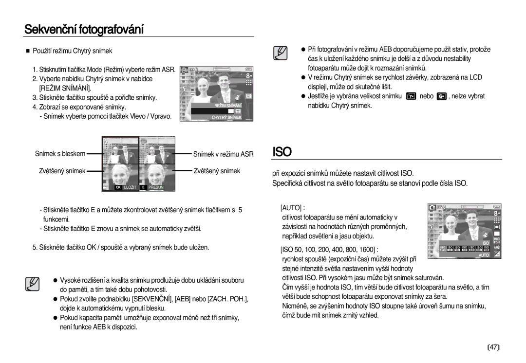 Samsung EC-L83ZZSDA/E3 manual Reîim Snímání, Snímek s bleskem Zvût‰en˘ snímek, Snímek v reÏimu ASR Zvût‰en˘ snímek 