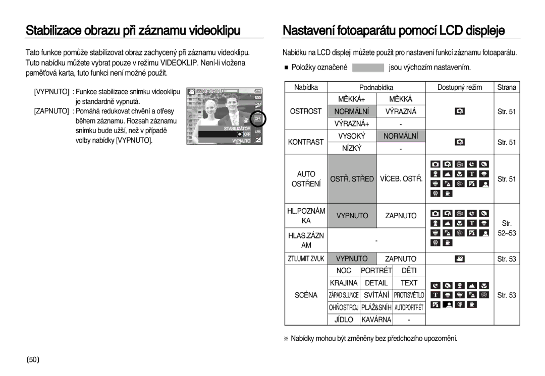 Samsung EC-L83ZZBDA/E3 manual Stabilizace obrazu pﬁi záznamu videoklipu, Nastavení fotoaparátu pomocí LCD displeje 