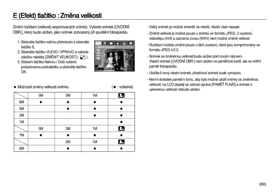 Samsung EC-L83ZZSDA/E3, EC-L83ZZBDA/E3 manual Efekt tlaãítko Zmûna velikosti, MoÏnosti zmûny velikosti snímku Volitelné 