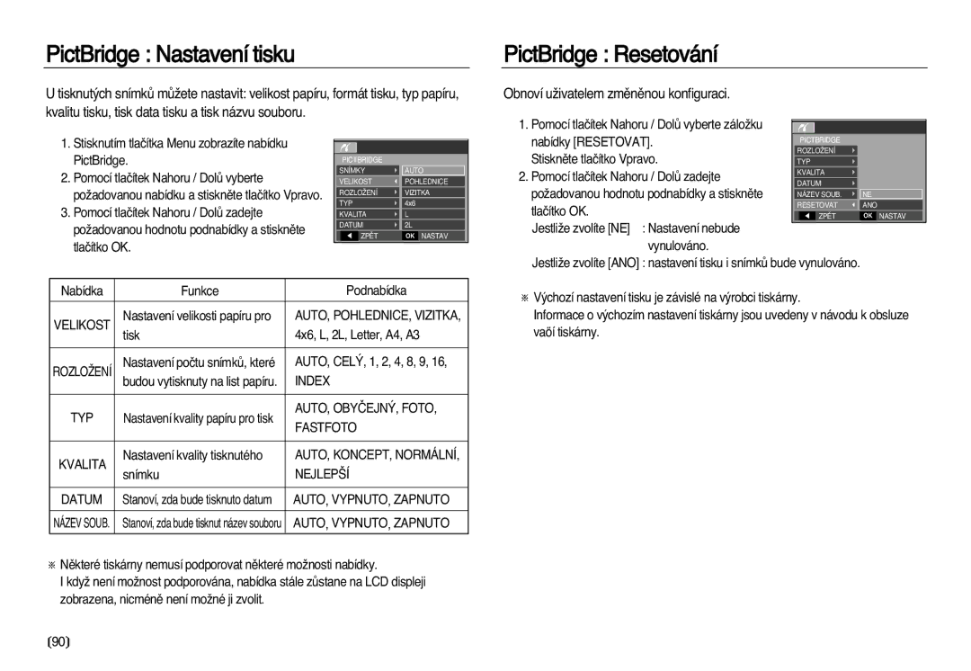 Samsung EC-L83ZZBDA/E3 manual PictBridge Nastavení tisku, PictBridge Resetování, Obnoví uÏivatelem zmûnûnou konfiguraci 