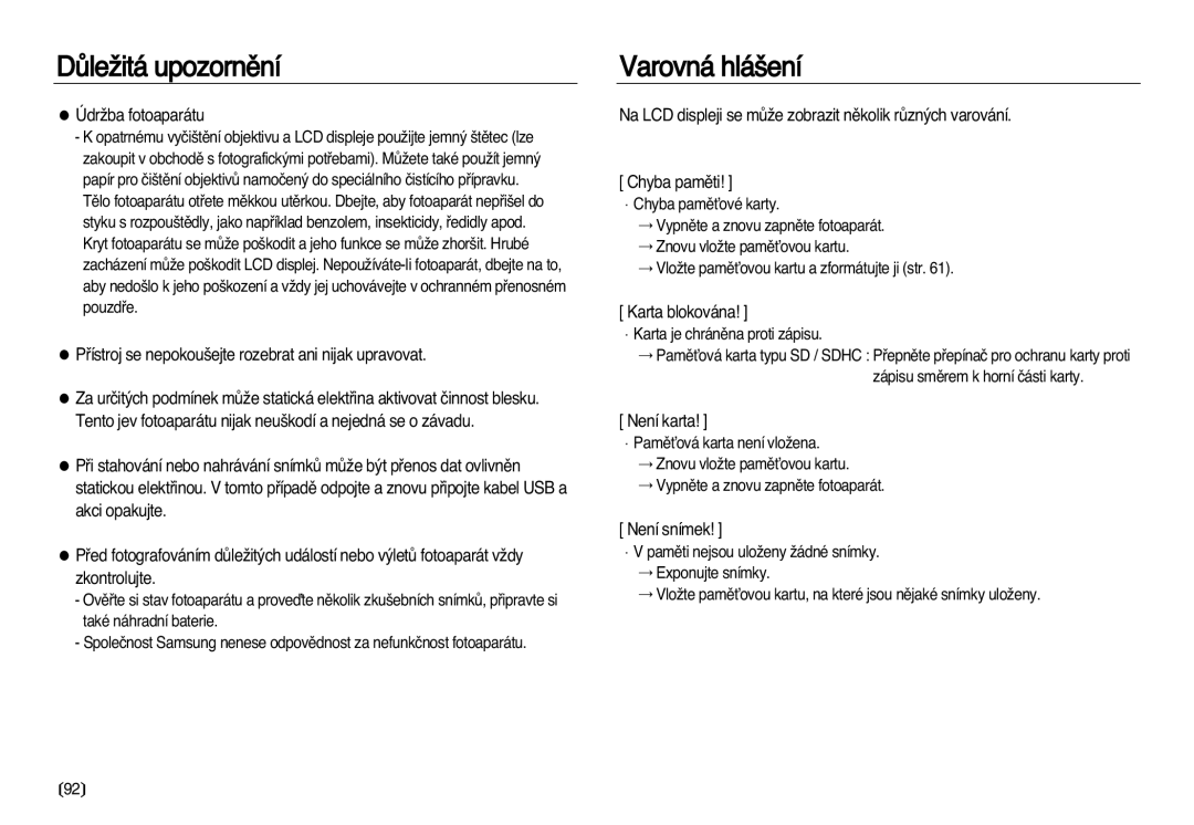 Samsung EC-L83ZZBDA/E3, EC-L83ZZSDA/E3 manual Varovná hlá‰ení 