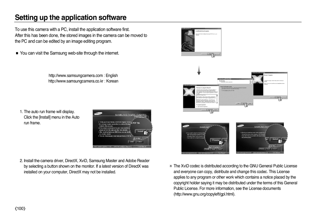 Samsung EC-L83ZZBBB/GB, EC-L83ZZSDA/E3, EC-L83ZZSBA/E2, EC-L83ZZRDA/E2 manual Setting up the application software, 《100》 