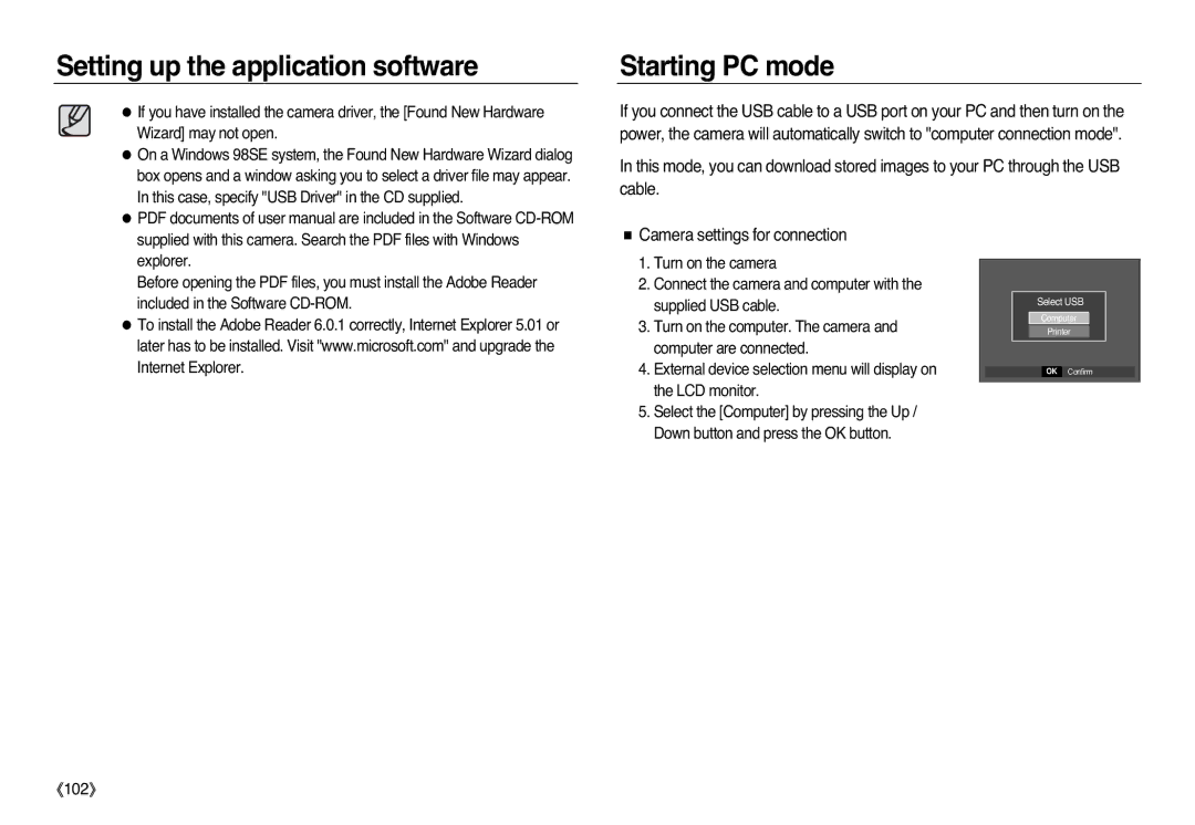 Samsung EC-L83ZZBDB/E2, EC-L83ZZSDA/E3, EC-L83ZZSBA/E2, EC-L83ZZSAA Starting PC mode, Camera settings for connection, 《102》 