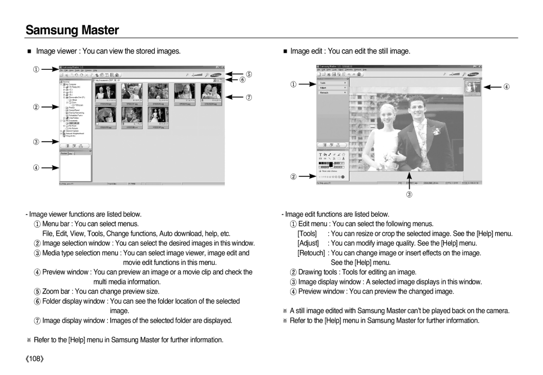 Samsung EC-L83ZZSBA/MX manual Image viewer You can view the stored images, 《108》 Image edit You can edit the still image 