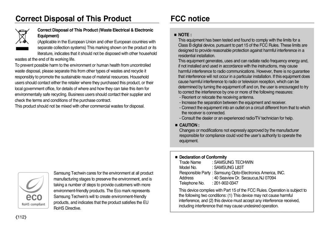 Samsung EC-L83ZZSDA/E3, EC-L83ZZSBA/E2 Correct Disposal of This Product, FCC notice, 《112》, Samsung Techwin, Samsung L83T 