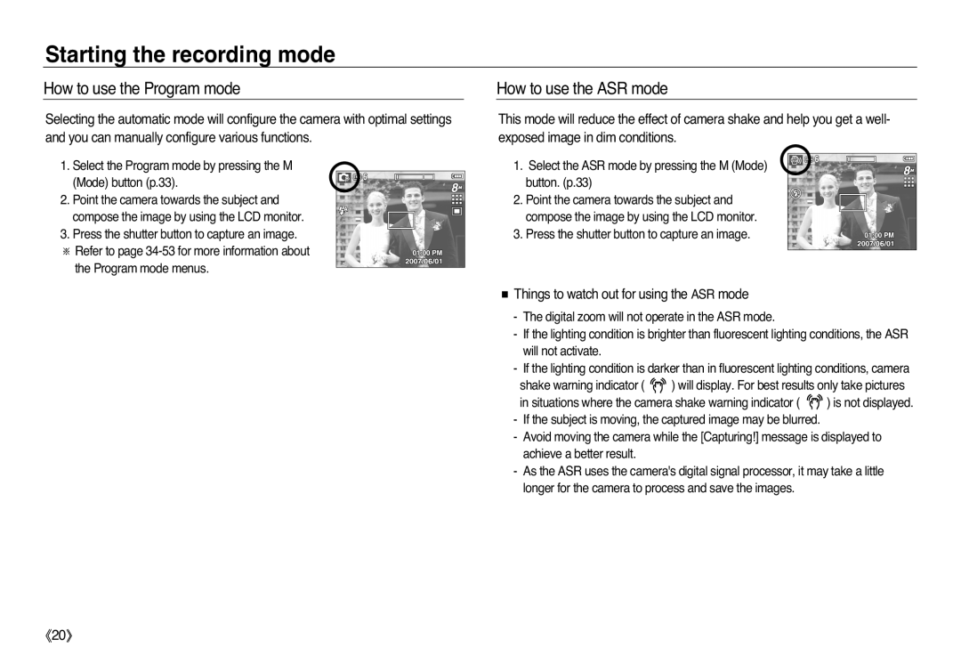 Samsung EC-L83ZZSBC/E1 How to use the Program mode, How to use the ASR mode, Things to watch out for using the ASR mode 