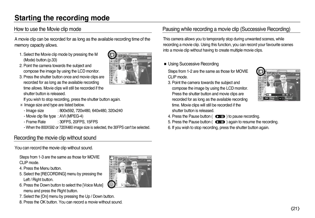 Samsung EC-L83ZZBBA/AS How to use the Movie clip mode, Recording the movie clip without sound, Using Successive Recording 