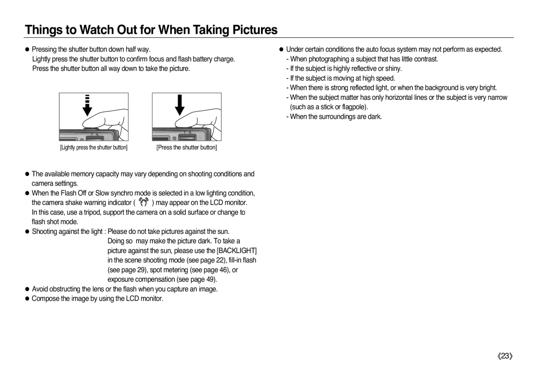 Samsung EC-L83ZZBBB/E2, EC-L83ZZSDA/E3, EC-L83ZZSBA/E2, EC-L83ZZRDA/E2 manual Things to Watch Out for When Taking Pictures 