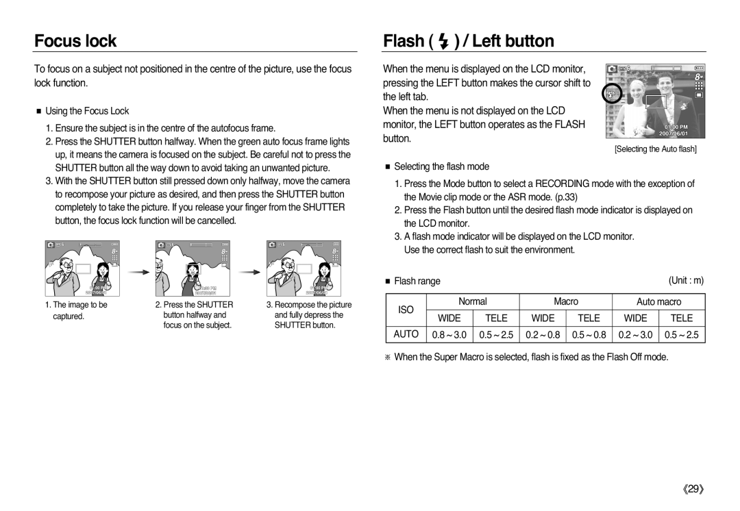 Samsung EC-L83ZZSDB/AS, EC-L83ZZSDA/E3, EC-L83ZZSBA/E2, EC-L83ZZRDA/E2 manual Focus lock, Flash / Left button, Wide Tele Auto 