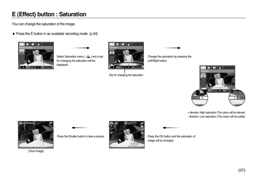 Samsung EC-L83ZZBDA/E1, EC-L83ZZSDA/E3 Effect button Saturation, Press the Shutter button to take a picture Final Image 