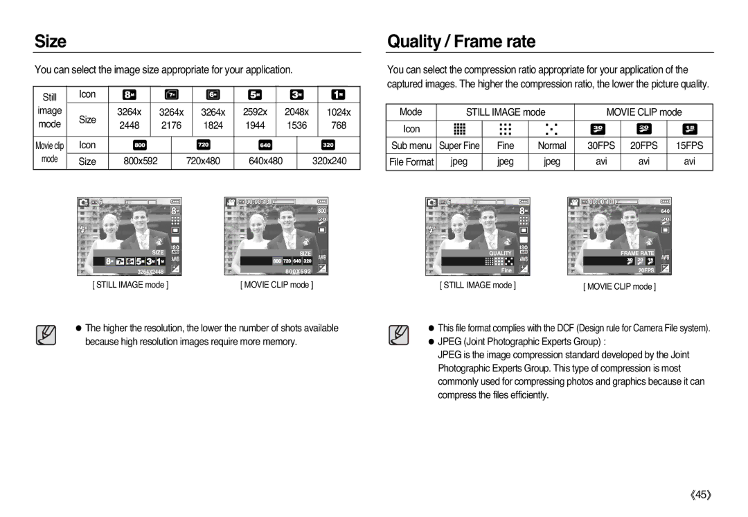 Samsung EC-L83ZZSDB/E3, EC-L83ZZSDA/E3, EC-L83ZZSBA/E2, EC-L83ZZRDA/E2 manual Size, Quality / Frame rate, 30FPS 20FPS 15FPS 