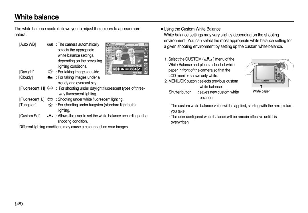 Samsung EC-L83ZZBBC/E2, EC-L83ZZSDA/E3, EC-L83ZZSBA/E2, EC-L83ZZRDA/E2 manual White balance, Using the Custom White Balance 