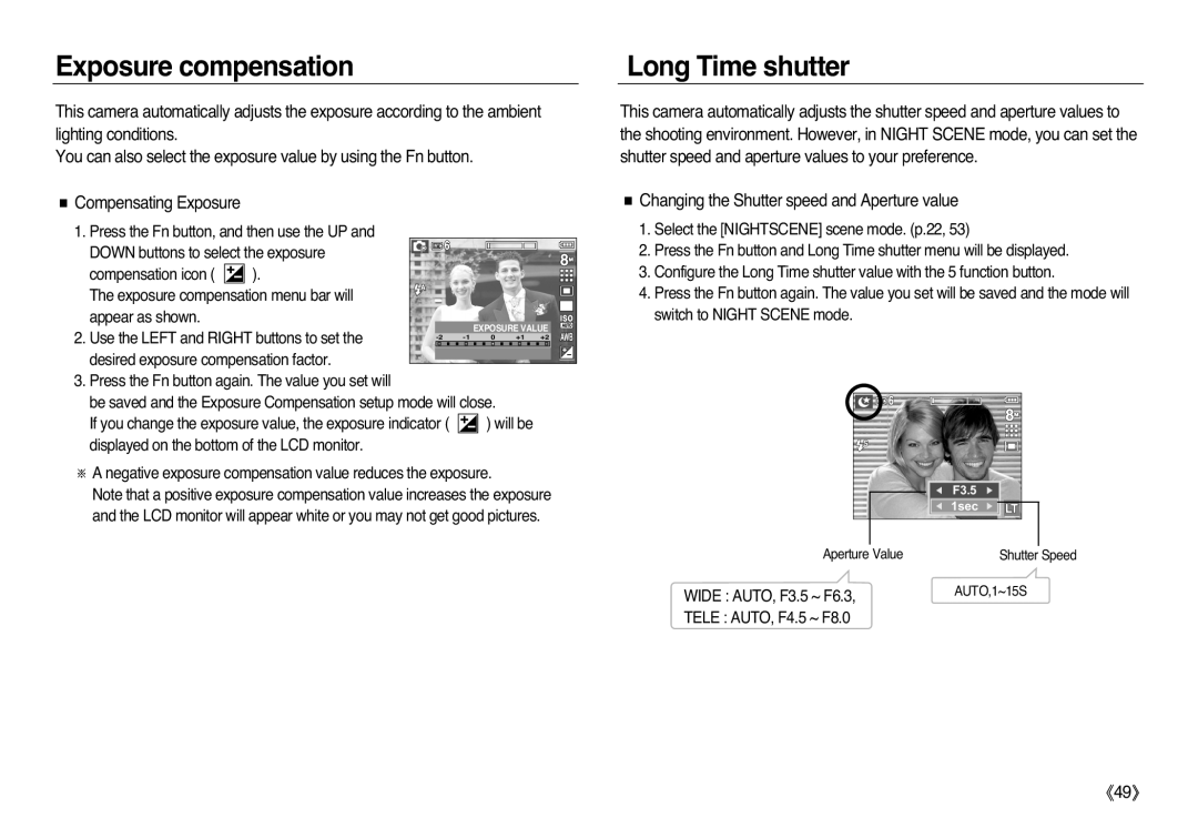 Samsung EC-L83ZZBBA/TW manual Exposure compensation, Long Time shutter, Changing the Shutter speed and Aperture value 