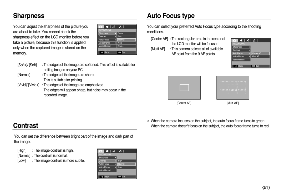 Samsung EC-L83ZZBDC/E2, EC-L83ZZSDA/E3, EC-L83ZZSBA/E2, EC-L83ZZRDA/E2 manual Sharpness Auto Focus type, Contrast, Conditions 