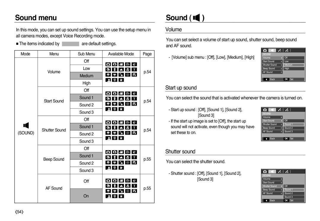 Samsung EC-L83ZZRBB/SP, EC-L83ZZSDA/E3, EC-L83ZZSBA/E2, EC-L83ZZRDA/E2 Sound menu, Volume, Start up sound, Shutter sound 