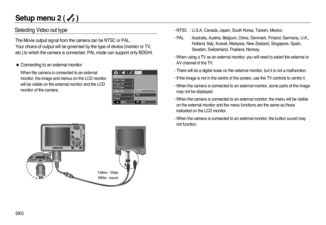 Samsung EC-L83ZZSDA/AS, EC-L83ZZSDA/E3 Selecting Video out type, Movie output signal from the camera can be Ntsc or PAL 