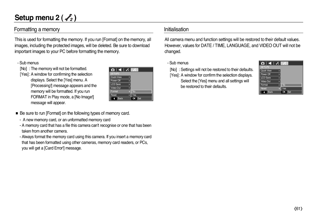 Samsung EC-L83ZZSDA/GB Formatting a memory, Initialisation, Be sure to run Format on the following types of memory card 