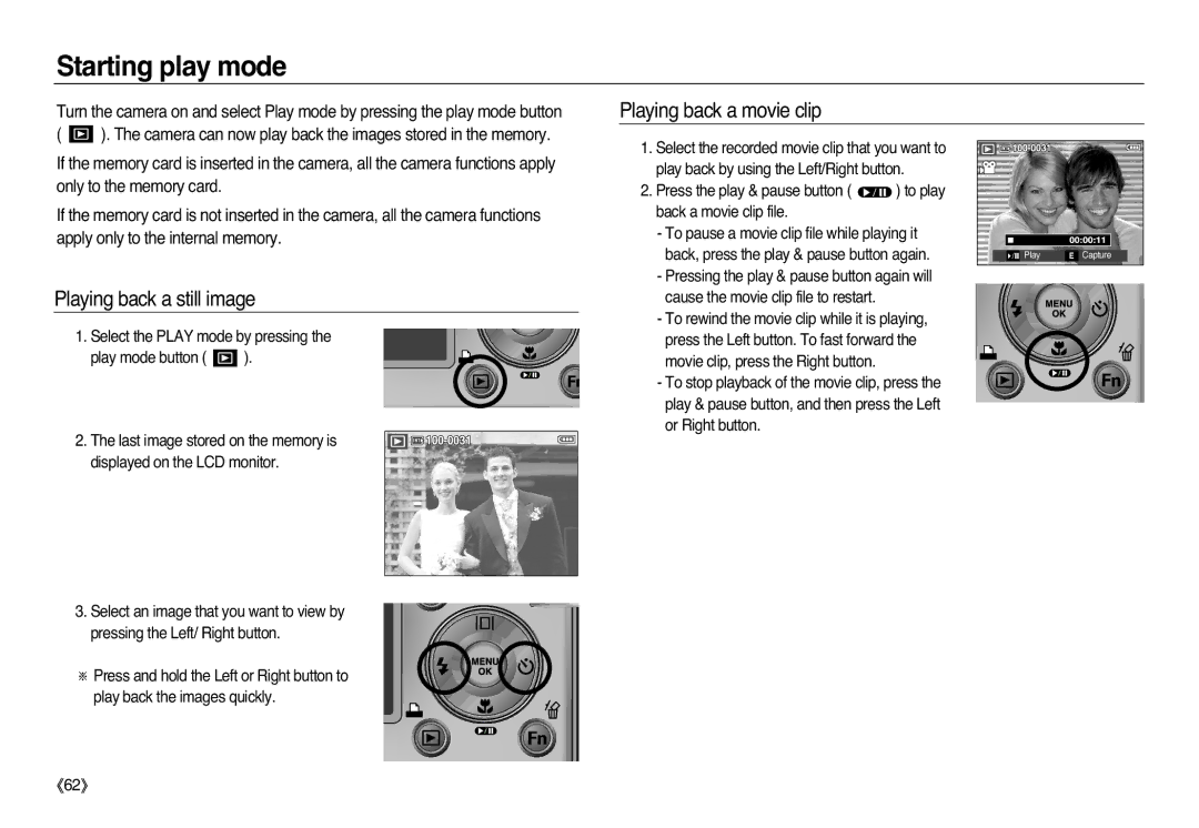 Samsung EC-L83ZZBBA/E1, EC-L83ZZSDA/E3 manual Starting play mode, Playing back a movie clip, Playing back a still image 