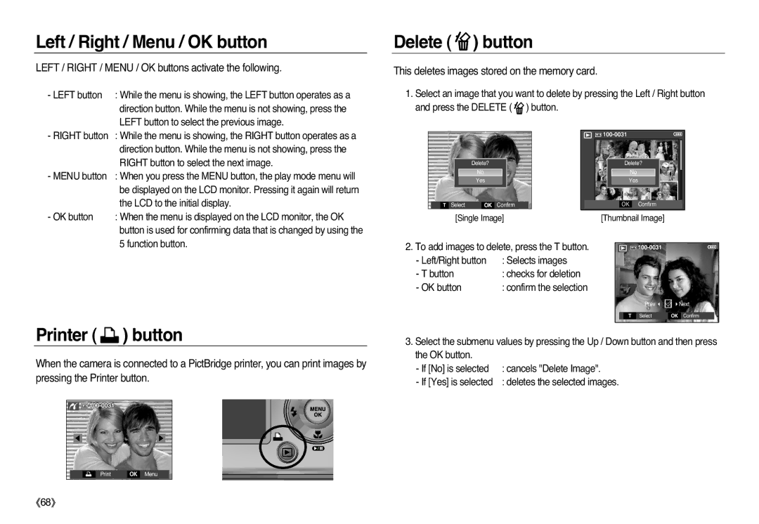 Samsung EC-L83ZZSAA, EC-L83ZZSDA/E3, EC-L83ZZSBA/E2 manual Left / Right / Menu / OK button, Delete button, Printer button 