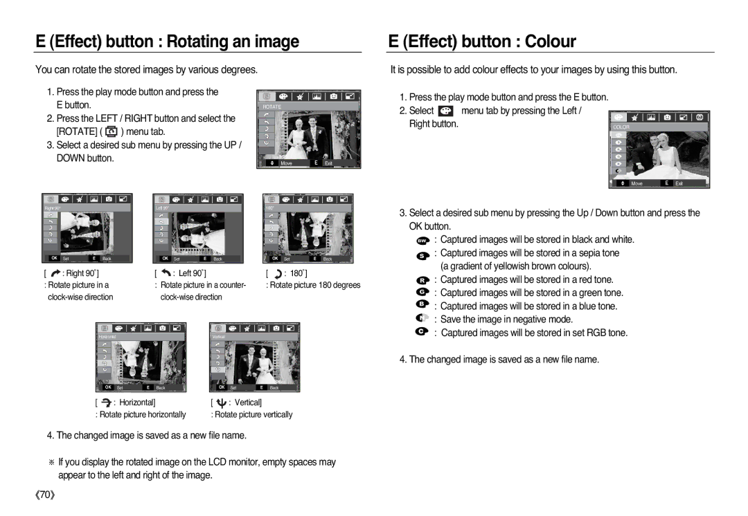 Samsung EC-L83ZZSBB/AS, EC-L83ZZSAA Effect button Rotating an image, You can rotate the stored images by various degrees 